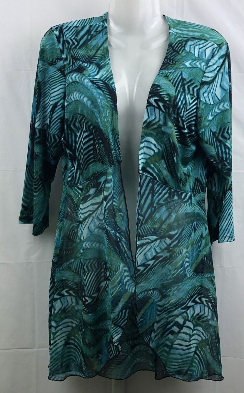 Peck & Peck Top Women Small Green Cardigan Open Front Bottom Half Sheer Stretch